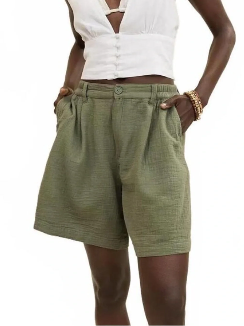 Aerie Women XS Olive Green Cotton Gauze Pleated Daybreak Trouser Shorts NWT - Picture 2 of 12